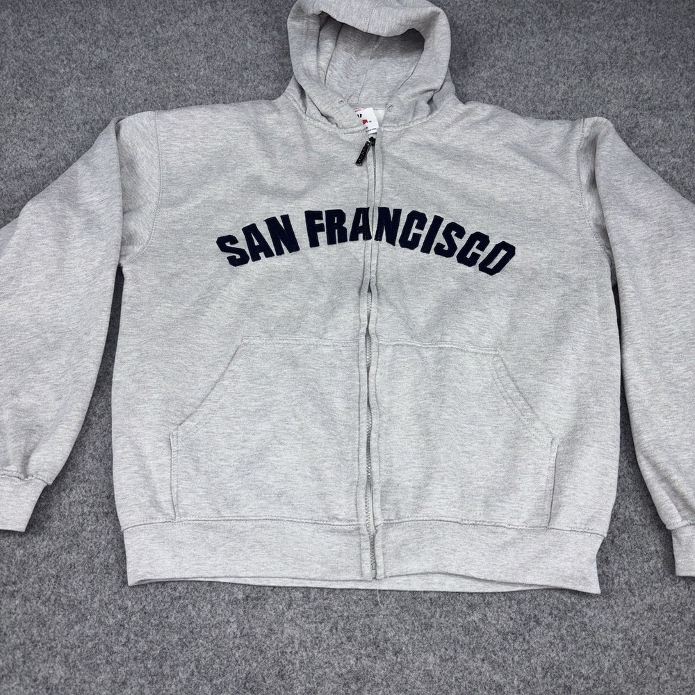 GOGO Sports San Francisco Hoodie Mens XL Gray Full Zip Spellout Jacket Y2K Logo
